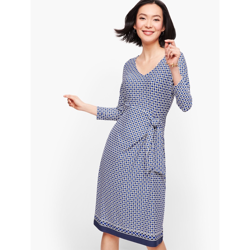 Talbots Blue White Geometric Faux Wrap Dress 3/4 Sleeve Medallion Print Medium